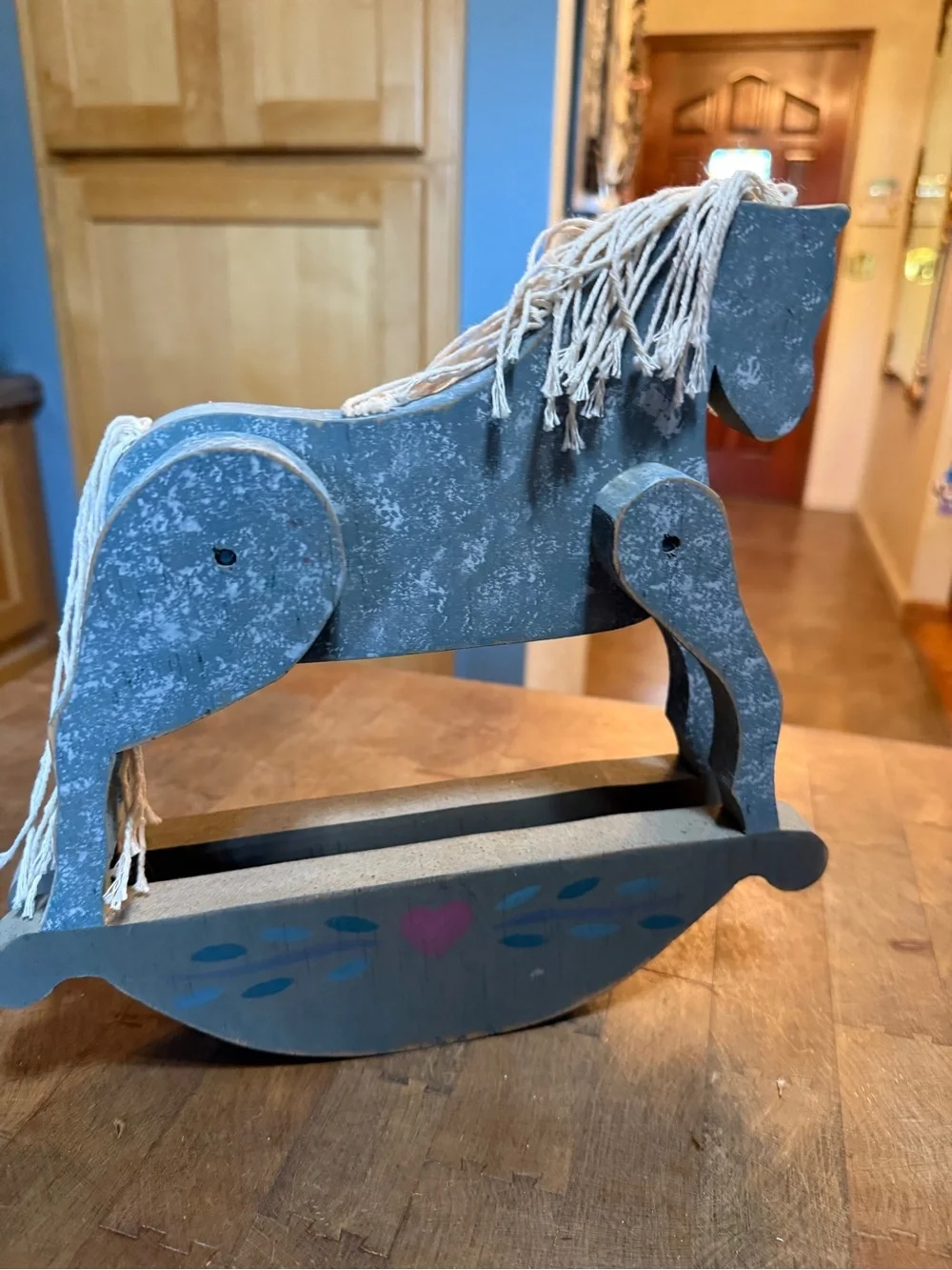 Vintage 90’s Folk Art Handcrafted Blue Wooden Rocking Horse Home Decor